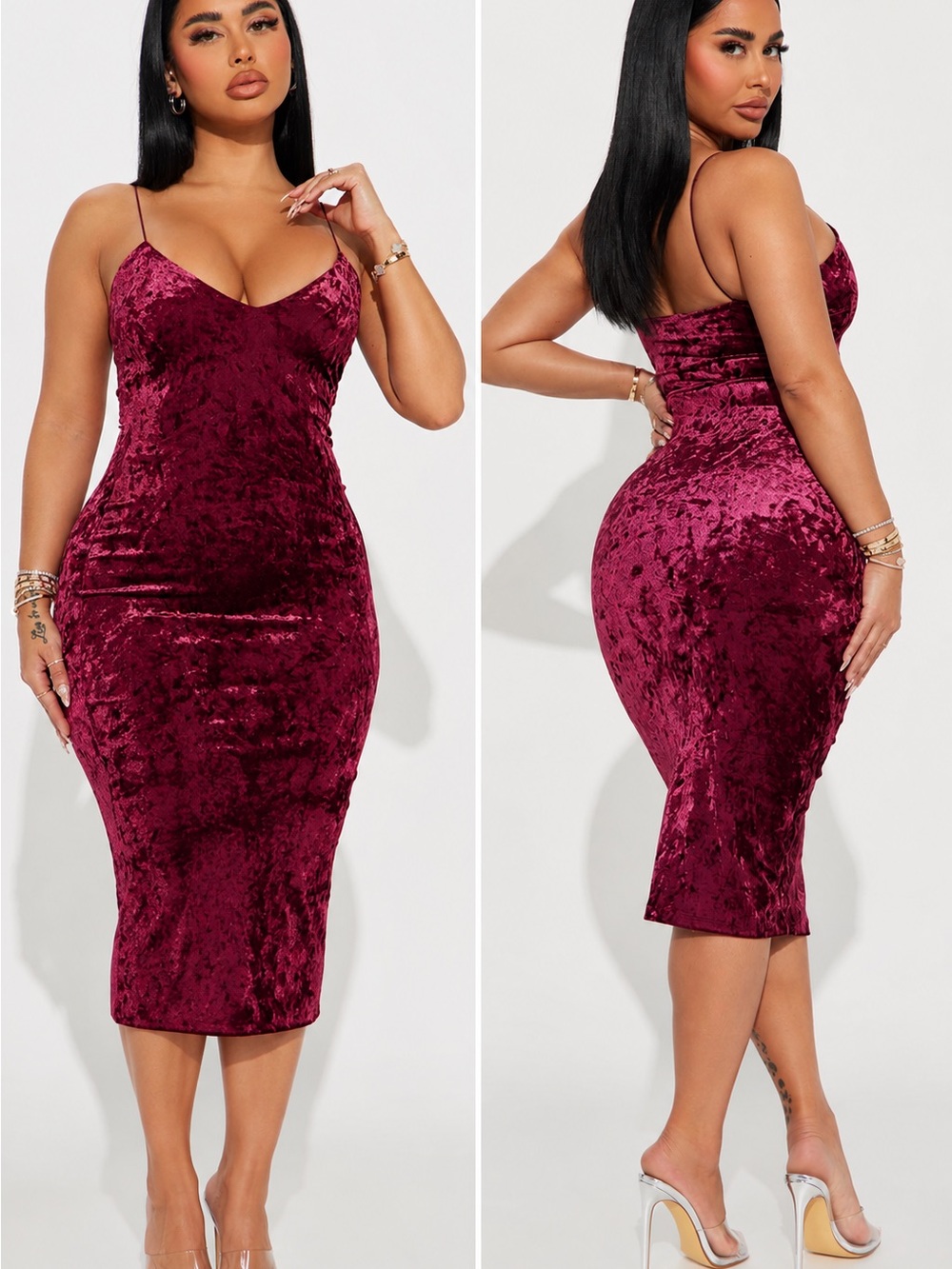 Fashion Nova Crushed Velvet Spaghetti-Strap Midi Dress in Burgundy